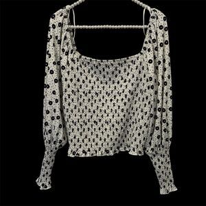 Mi Ami Womens Smocked Cropped Fairy Coquette Top XL Black White Dainty Stretch